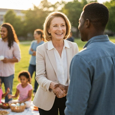 Candidate shaking hands with a voter, symbolizing trust and ethical campaigning