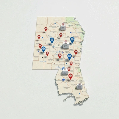 Mississippi state map with election icons