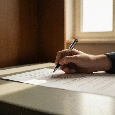 Close-up of a hand writing a candidate's name on a ballot with a pen in a voting booth