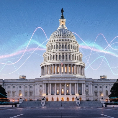 Stylized image of the U.S. Capitol Building with light trails indicating government functions