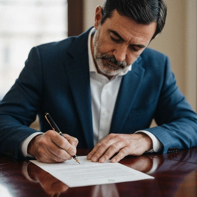 Close-up of a person's hand signing a document with a pen, representing the act of gathering signatures or submitting official paperwork. Clean, professional setting.