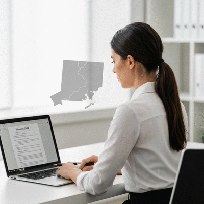 Person studying election laws on a laptop, with Connecticut state map overlay