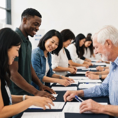 Diverse group of people registering to vote at a community event