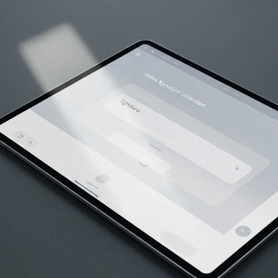 Digital interface of an online signature collection tool on a tablet, showing a clean, user-friendly design