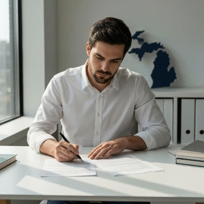 Person studying election documents with a Michigan state map in the background