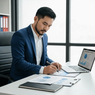 Person reviewing legal documents related to campaign finance and compliance with a laptop, no text, no words, no typography, clean image