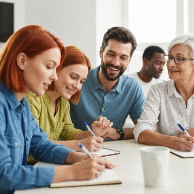 Group of people actively participating in a community meeting or political workshop