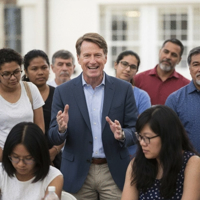 Candidate speaking passionately at a small community event, diverse audience listening attentively