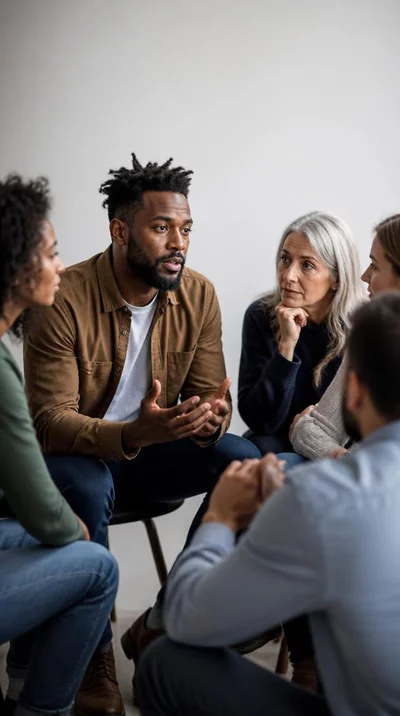 Diverse group of people discussing political topics, showing engagement and thoughtful consideration