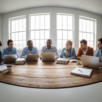 A diverse group of people discussing political campaign strategies around a table, with laptops and documents