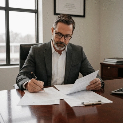 Person reviewing legal documents and forms, representing candidacy requirements in Maryland
