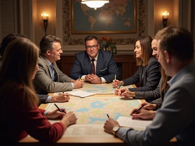 A diverse group of people discussing political campaign strategies around a table