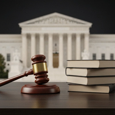 Gavel on a desk next to stacked law books with a blurred image of the Supreme Court building in the background, no text, no words, no typography, 8K