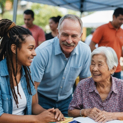 Diverse group of community members at a local event, engaging in conversations and smiling, representing community engagement and outreach programs