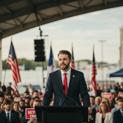 Candidate shaking hands with a constituent at a public event with campaign signs in the background, representing ethical voter outreach