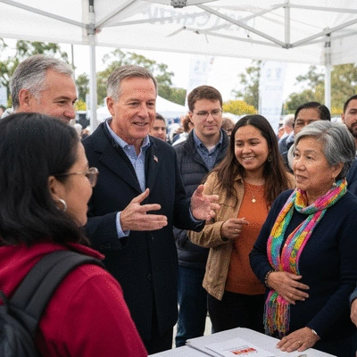 Candidate shaking hands with a diverse group of voters at a community event, demonstrating engagement and connection