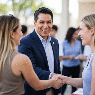 Candidate shaking hands with a voter, representing communication skills