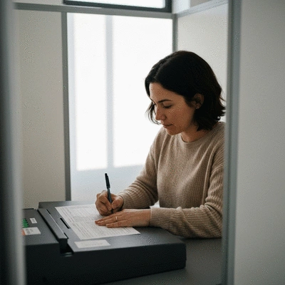 Person filling out a ballot in a voting booth, representing primary elections