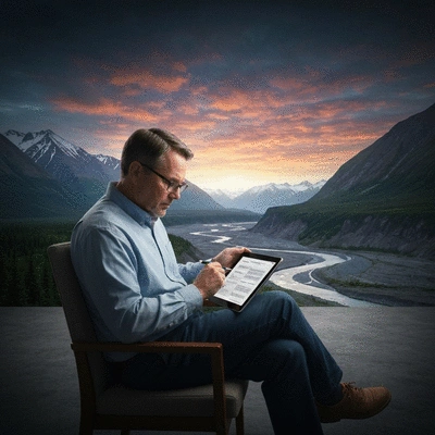 Person studying election documents on a tablet with an Alaskan landscape in the background
