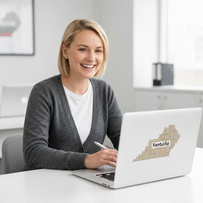 Person studying election laws on a laptop, with Kentucky map on screen