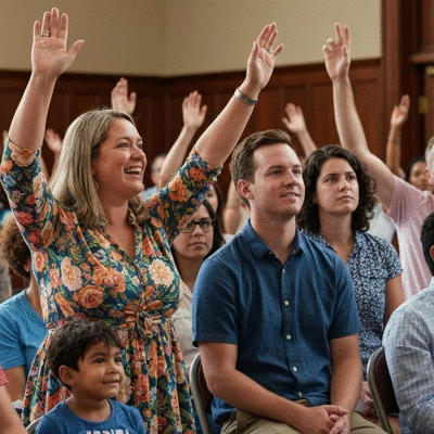 A diverse group of citizens actively participating in a community town hall meeting, hands raised to ask questions