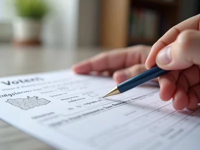 Person filling out voter registration form with Rhode Island map in background