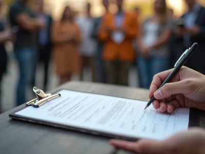 Close-up of a hand signing a petition form on a clipboard with a pen, with a diverse group of people in the blurred background, no text, no words, no typography, clean image