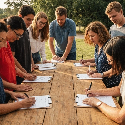 A diverse group of people gathering signatures on clipboards, demonstrating community support and the effort involved in ballot access, clean image