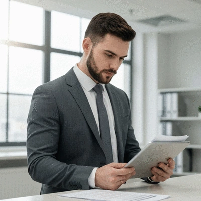 Candidate reviewing election documents on a tablet, focused and determined