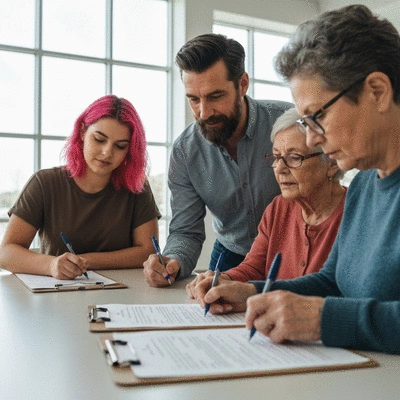 Candidate collecting signatures on a clipboard from diverse voters in a community setting, representing petition requirements