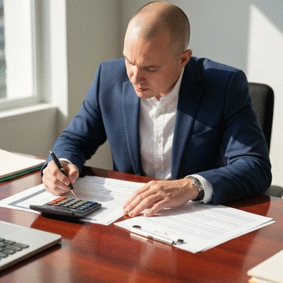 Person reviewing campaign finance documents with a calculator and pen on a desk