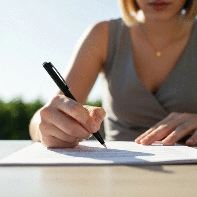 Close-up of a person's hand signing a document with a pen, implying official paperwork or a petition