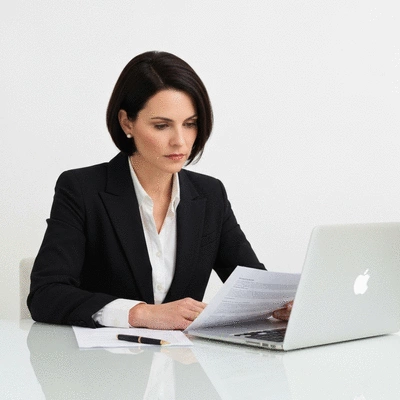 Person reviewing campaign finance documents with a laptop and pen