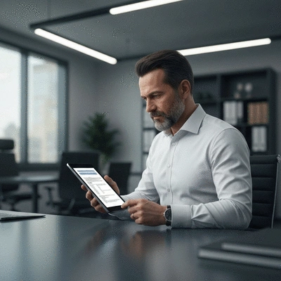Person reviewing political campaign ethics checklist on a tablet, with a blurred background of a campaign office, no text, no words, no typography, no labels, clean image