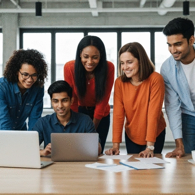 Diverse group of campaign volunteers collaborating on a text messaging strategy, looking at laptops and smartphones, in a modern office space, no text, no words, no typography, 8K