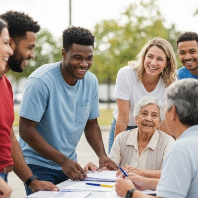 Campaign volunteers engaging with voters at a community event, diverse group, positive atmosphere, no text, no words, no typography, 8K