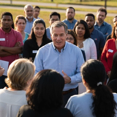Candidate speaking to a diverse group of voters at a local community event, representing grassroots marketing