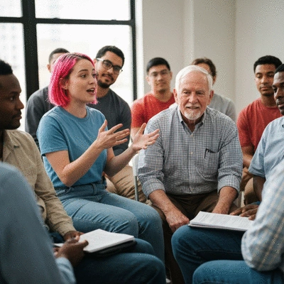 People in a community meeting discussing local politics, diverse group, positive atmosphere