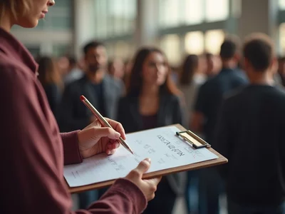 Person collecting signatures on a clipboard in a public setting