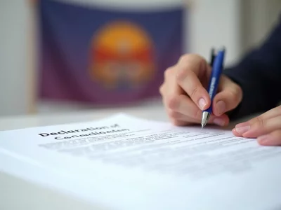 Close-up of a person filling out a Declaration of Candidacy form with a pen, Utah state flag subtly blurred in background
