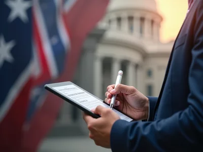 Candidate reviewing election documents on a tablet, with a blurred background of a Tennessee state flag and government building, no text, no words, no typography, clean image