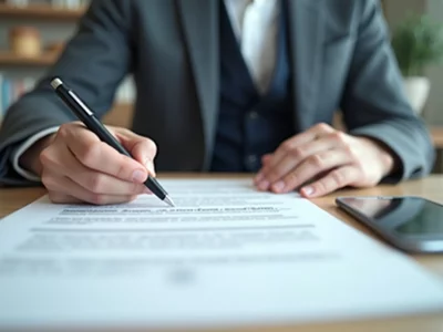 Person filling out financial disclosure forms, focus on hands and documents