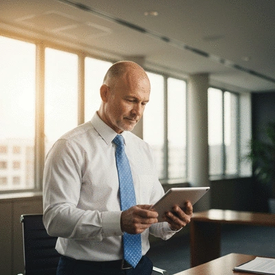 Federal employee reviewing Hatch Act guidelines on a tablet, professional and focused