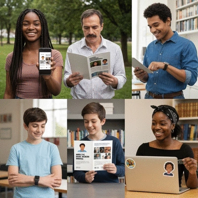 A diverse group of people engaging with campaign materials on various digital and print platforms, illustrating multi-channel consistency
