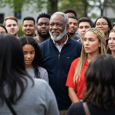 Candidate speaking to a diverse group of attentive voters at a community event