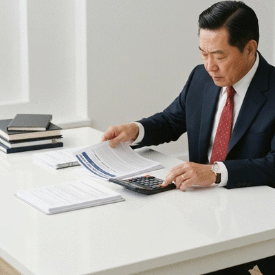 Person organizing campaign finance documents and a calculator on a desk