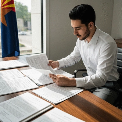 Person studying election laws and documents, with Arizona state flag in background