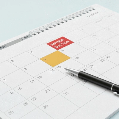 Calendar with highlighted important election dates and a pen
