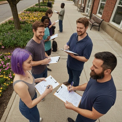 Diverse group of people actively collecting signatures in a community setting, representing grassroots support