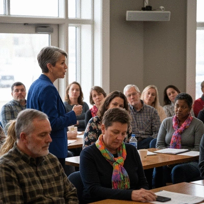 Local council member speaking to community members at a town hall meeting
